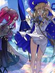  2girls absurdres aesc_(fate) aesc_(rain_witch)_(fate) ahoge bag baobhan_sith_(fate) baobhan_sith_(swimsuit_pretender)_(fate) baobhan_sith_(swimsuit_pretender)_(second_ascension)_(fate) beach_umbrella black_skirt blonde_hair blue_cape blue_dress blue_eyes blue_sailor_collar braid breasts cape capelet closed_eyes closed_umbrella dress ebora fang fate/grand_order fate_(series) grey_capelet handbag hat highres legs long_hair mother_and_daughter multicolored_cape multicolored_clothes multicolored_dress multiple_girls ocean one_eye_closed open_mouth outdoors panties panty_peek pink_hair pointy_ears ponytail purple_shirt round_eyewear sailor_collar shirt sidelocks skirt smile twin_braids umbrella underwear water white_cape white_dress witch_hat 