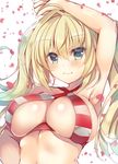  :3 arm_up armpits bikini_top blonde_hair blush breasts eyebrows_visible_through_hair fate/grand_order fate_(series) green_eyes highres large_breasts long_hair looking_at_viewer nero_claudius_(fate)_(all) nero_claudius_(swimsuit_caster)_(fate) petals solo striped_bikini_top suzune_rena twintails upper_body white_background 
