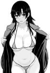  1girl absurdres bikini blush breasts cleavage coat collarbone commentary_request cowboy_shot flashing greyscale highres hiratsuka_shizuka inanaki_shiki large_breasts long_hair long_sleeves looking_at_viewer micro_bikini monochrome navel open_clothes open_coat open_mouth opened_by_self simple_background solo string_bikini sweat swimsuit very_long_hair white_background yahari_ore_no_seishun_lovecome_wa_machigatteiru. 