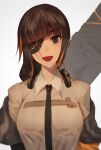  1girl black_jacket black_necktie braid brown_eyes brown_hair eyepatch girls&#039;_frontline headset highres jacket long_hair looking_at_viewer m16a1_(girls&#039;_frontline) mole mole_under_eye multicolored_hair necktie open_mouth particle_cannon_case scar scar_on_face shirt simple_background smile solo xanax025 yellow_shirt 