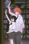  1boy 1girl absurdres arm_up black_hair black_pants bleach blush book bookshelf bow bowtie brown_eyes clenched_hand collared_shirt commentary_request double-parted_bangs feet_out_of_frame from_side grey_skirt gwao_(_ul_13) hair_between_eyes hand_in_pocket height_difference hetero highres holding holding_book indoors korean_commentary kuchiki_rukia kurosaki_ichigo library looking_at_another looking_down medium_hair miniskirt orange_hair pants parted_lips pleated_skirt profile purple_eyes reaching red_bow red_bowtie school_uniform shirt short_hair short_sleeves skirt spiked_hair standing upturned_eyes v-shaped_eyebrows white_shirt 