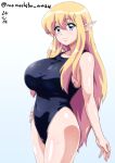  1girl black_one-piece_swimsuit blonde_hair blue_background blue_eyes breasts closed_mouth commentary_request covered_navel cowboy_shot dated elf gradient_background hand_on_own_hip large_breasts long_hair looking_at_viewer multicolored_background nafta one-piece_swimsuit pointy_ears shiny_skin simple_background smile solo standing swimsuit tiffania_westwood twitter_username very_long_hair wet white_background zero_no_tsukaima 