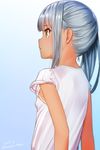  armpit_peek artist_name breasts commentary from_side gradient gradient_background grey_hair kantai_collection kanzaki_muyu kasumi_(kantai_collection) long_hair looking_away profile shirt side_ponytail simple_background small_breasts solo tan tanline twitter_username upper_body white_shirt yellow_eyes 