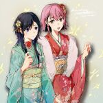  2girls black_hair black_nails blue_eyes blue_hair blue_kimono brown_eyes candy candy_apple closed_mouth commentary earrings fang food hair_ornament hand_up hashtag-only_commentary highres holding holding_candy holding_food japanese_clothes jewelry kimono kororon_(song) long_sleeves looking_at_another multicolored_hair multiple_girls obi open_mouth pink_hair pink_nails red_kimono sash short_hair skin_fang smile stole streaked_hair upper_body ushio0104 
