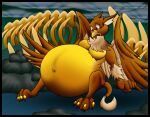 anthro avian beak belly big_belly bloated bone breasts claws cloud cloudy_sky female finger_claws fur gluttony gryphon mythological_avian mythological_creature mythology navel navel_outline obese obese_anthro obese_female overweight overweight_anthro overweight_female pointy_eared rock sitting sitting_on_ground sky solo stuffing stuffing_(food) tail toe_claws virus-20 wings