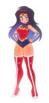  1girl animification batrobin_k black_hair blue_eyes boots bracer breasts commentary dc_comics full_body grin hands_on_own_hips highres jewelry leotard long_hair looking_at_viewer medium_breasts simple_background smile solo star_(symbol) superhero_costume thigh_boots tiara white_background wonder_woman wonder_woman_(series) 