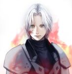  1boy aged_down armor black_coat black_sweater blood blood_on_face closed_mouth coat commentary_request final_fantasy final_fantasy_vii final_fantasy_vii_ever_crisis fire green_eyes grey_hair highres looking_at_viewer male_focus parted_bangs sephiroth short_hair shoulder_armor solo sweater tori_(labyrinth_fft) turtleneck turtleneck_sweater upper_body white_background 