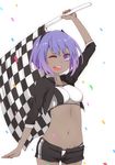  ;d arm_up black_hairband breasts checkered checkered_flag commentary_request cropped_jacket dark_skin fate/grand_order fate/prototype fate/prototype:_fragments_of_blue_and_silver fate_(series) flag hairband hassan_of_serenity_(fate) i.u.y looking_at_viewer medium_breasts navel one_eye_closed open_clothes open_mouth open_shorts purple_eyes purple_hair race_queen short_hair short_shorts shorts simple_background smile solo white_background 