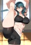  1girl ai-generated artstyle_imitation blue_eyes blue_hair breasts byleth_(female)_(fire_emblem) byleth_(fire_emblem) dolphin_shorts fire_emblem fire_emblem:_three_houses flexible floox_(artist) gym highres huge_breasts large_breasts long_hair naughty_face non-web_source short_shorts shorts sports_bra sportswear stable_diffusion sweat thiccwithaq_(ai_style) 