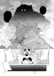  anthro bear bulge comic duo eyebrows fur hi_res kumamoto_(character) male mammal monochrome muscular muscular_anthro muscular_male open_mouth speech_bubble takemoto_arashi watermark 