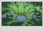  blue_skin border colored_skin grass highres leaf looking_at_viewer no_humans oddish onamuzi_illust open_mouth outdoors partially_buried plant pokemon pokemon_(creature) red_eyes white_border 