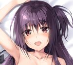  1girl arm_up armpits aroused asagiri_nozomi bare_shoulders bed_sheet black_bow black_bowtie blush bow bowtie brown_eyes collarbone eyes_visible_through_hair hair_between_eyes long_hair looking_at_viewer lying on_back one_side_up open_mouth oryo_(oryo04) pretty_x_cation purple_hair saliva solo unworn_bowtie 