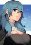  1girl blue_eyes blue_hair breasts byleth_(female)_(fire_emblem) byleth_(fire_emblem) cleavage fire_emblem fire_emblem:_three_houses grimmlocke10k large_breasts long_hair looking_at_viewer smile solo upper_body 