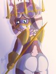  absurd_res anthro armor butt clothing female floppy_ears fur gold_(metal) hi_res holding_object holding_weapon lop_(zwll) lop_ears mask solo staff weapon wool_(fur) zwll 