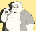 2024 anthro bear belly big_belly biped clothed clothing eyewear glasses hi_res humanoid_hands inunoshippo kemono male mammal moobs navel open_clothing open_shirt open_topwear overweight overweight_male shirt simple_background solo topwear