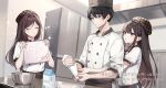  1boy 2girls artist_name beret black_eyes black_hair blurry brown_eyes brown_hair chestnut_mouth chocolate_making closed_eyes closed_mouth commentary_request copyright_name copyright_notice danjo_no_yuujou_wa_seiritsu_suru? depth_of_field enomoto_rion facing_viewer hands_up happy hat holding kitchen long_hair looking_at_another milk_carton mother_and_daughter multiple_girls natsume_yuu novel_illustration official_art parted_bangs parted_lips parum39 short_hair smile sparkle very_long_hair 