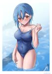 1girl absurdres artist_name blue_hair blue_one-piece_swimsuit blush border breasts cleavage clothes_pull collarbone commentary_request covered_navel earrings hair_between_eyes highleg highleg_swimsuit highres jewelry looking_at_viewer love_live! love_live!_superstar!! medium_breasts one-piece_swimsuit one-piece_swimsuit_pull orange_eyes outdoors partially_submerged pool rikka006 school_swimsuit short_hair solo standing stud_earrings swim_ring swimsuit upper_body variant_set wading wakana_shiki water wet wet_clothes wet_hair wet_swimsuit white_border 