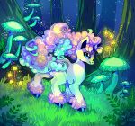  2019 ambiguous_feral ambiguous_gender blue_eyes bokeh colorful_theme equid feathering feral fluffy fungus fur galarian_form galarian_ponyta generation_8_pokemon glowing glowing_fungus glowing_mushroom grass hair hooves horn leaf looking_at_viewer mammal multicolored_hair multicolored_tail mushroom nintendo outside plant pokemon pokemon_(species) quadruped regional_form_(pokemon) shaded smile standing suippupupu tail tree white_body 