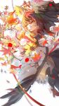  1girl autumn_leaves bird_wings black_thighhighs castor362089261 commentary_request falling_leaves feathered_wings geta highres leaf orange_eyes pom_pom_(clothes) red_footwear shameimaru_aya shirt short_hair solo tengu-geta thighhighs touhou white_shirt wings 