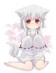  animal_ears bare_legs barefoot frown highres inubashiri_momiji kibisake no_pants orange_eyes oversized_clothes short_hair sitting sleeves_past_fingers sleeves_past_wrists tail touhou wariza white_hair wolf_ears wolf_tail 