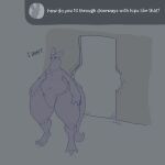 1:1 2024 3_toes ambiguous_gender anthro big_ears big_tail biped black_body black_feet black_fur black_tail breaking_in digitigrade dimitry_(itisd) dimka_(itisd) doorway english_text featureless_crotch feet front_view fur hand_on_leg hands_on_legs hi_res humor itisd9 male_(lore) navel nude q&amp;a question_mark smile smirk solo standing tail text thick_thighs toes tuft wall_(structure) wide_hips