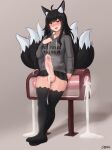  1girl after_masturbation ahoge animal_ears black_hair black_skirt black_thighhighs blush breasts breeding_mount commission cum dbag_(dbagdraws) erection fox_ears full_body futanari grey_hoodie highres hood hoodie large_penis leaning_on_object long_hair long_sleeves looking_at_viewer miniskirt multiple_tails nose_blush original penis skirt solo tail testicles thighhighs uncensored 