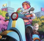  1girl apex_legends belt billboard blonde_hair blue_eyes blue_hat blue_shorts car colored_tips cropped_hoodie cup drinking_straw drinking_straw_in_mouth hat highres holding holding_cup hood hoodie lila_(lilakeylk) looking_at_viewer midriff motor_vehicle multicolored_hair navel nikola_(apex_legends) official_alternate_costume pink_belt pink_hair scar scar_on_face scar_on_stomach scooter short_hair shorts smile solo static_trainers_wattson streetwear wattson_(apex_legends) white_hoodie 