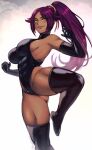  1girl artist_name ass_visible_through_thighs bare_shoulders black_gloves black_leotard black_thighhighs bleach breasts clenched_hand covered_abs dark_skin elbow_gloves english_commentary gloves grin groin hair_ribbon high_ponytail highleg highleg_leotard highres leg_up leotard light_blush long_hair looking_at_viewer medium_breasts muscular muscular_female ponytail purple_hair ribbon shihouin_yoruichi shiny_clothes sideboob simple_background sleeveless smile solo standing standing_on_one_leg the_scarlet_devil thick_thighs thighhighs thighs tight_clothes very_long_hair yellow_eyes 