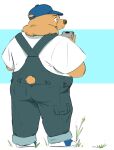  0ottotto0 2024 anthro bear belly biped brown_body brown_fur brown_nose butt clothing fur hat headgear headwear hi_res kemono mammal overalls overweight shirt solo topwear 