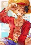  1boy ^_^ abs absurdres artist_name black_hair blue_shorts closed_eyes commentary_request daikon_illustrations hand_on_headwear hat highres long_sleeves male_focus monkey_d._luffy one_piece open_clothes open_shirt red_shirt sash scar scar_on_chest scar_on_face shirt short_hair shorts sky solo straw_hat yellow_sash 
