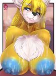 akatosh anthro areola big_breasts black_nose blue_areola blue_eyes blue_nipples bodily_fluids breast_rest breasts canid canine chest_tuft cum cum_on_breasts cum_on_face female fox fur genital_fluids hi_res huge_breasts mammal mizky multicolored_body multicolored_fur nipples solo tuft two_tone_body two_tone_fur whiskers white_body white_fur yellow_body yellow_fur