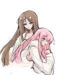  2girls 4711_(xx) bang_dream! bang_dream!_it&#039;s_mygo!!!!! blue_eyes blush brown_hair chihaya_anon closed_mouth collarbone commentary green_eyes hashtag-only_commentary hood hood_down hoodie long_hair long_sleeves multiple_girls nagasaki_soyo open_mouth pink_hair sidelocks simple_background sweatdrop upper_body white_background white_hoodie 