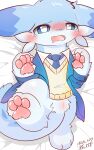 2024 absurd_res anthro bed bedding bedding_background big_pawpads blue_body blue_clothing blue_eyes blue_fur blue_markings blue_shirt blue_topwear blush bodily_fluids bottomless cheek_tuft chillet chillet_(palworld!_more_than_just_pals) clothed clothing dakimakura dakimakura_design digital_media_(artwork) dipstick_ears drooling ear_markings facial_tuft fangs female full-length_portrait fur furniture genitals hi_res high-angle_view kemono lying mammal markings multicolored_body multicolored_ears multicolored_fur mustelid necktie on_back on_bed open_mouth pal_(species) palworld partially_clothed pawpads paws pink_pawpads pocketpair portrait pussy ras_soy saliva shirt signature solo tail teeth tongue topwear tuft two_tone_body two_tone_fur white_body white_fur