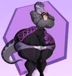  2024 absurd_res anthro beverage big_breasts breasts bubble_tea claws clothed clothing dinosaur extinct female hi_res holding_object jaeh legwear prehistoric_species reptile scalie solo tail thick_thighs wide_hips 