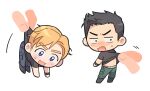 2boys ao_isami between_fingers big_head black_hair black_shirt blonde_hair blue_eyes blue_pants blush cargo_pants carrying carrying_person chibi facial_hair green_pants highres holding lewis_smith male_focus male_underwear male_underwear_peek motion_lines multiple_boys open_mouth pants shirt short_hair sideburns_stubble simple_background stubble sweatdrop underwear wasted_m9 watch white_background wristwatch yuuki_bakuhatsu_bang_bravern 