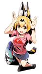  :d alternate_costume animal_ears arms_up blonde_hair casual clothes_writing collarbone commentary contemporary earrings english eyebrows_visible_through_hair full_body highres jewelry kemono_friends looking_at_viewer lucky_beast_(kemono_friends) open_mouth pink_shirt round_teeth serval_(kemono_friends) serval_ears serval_tail shadow shirt shoes short_hair short_shorts shorts simple_background smile socks striped_tail t-shirt tail teeth tom_(drpow) watch white_background white_legwear wristwatch yellow_eyes 
