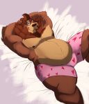  absurd_res anthro bear belly clothed clothing exhibitionism hi_res looking_at_viewer lying male mammal mane nanuk_(artist) on_back pose slightly_chubby slightly_chubby_anthro slightly_chubby_male solo thick_thighs underwear underwear_only 