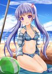  alternate_breast_size ball beach beachball blanket blush breasts cleavage collarbone day eyebrows_visible_through_hair flower hair_flower hair_ornament highres long_hair looking_at_viewer medium_breasts navel new_game! open_mouth purple_eyes purple_hair seiza sitting smile suzukaze_aoba swimsuit twintails zenon_(for_achieve) 