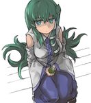  aqua_eyes aqua_pupils bangs blue_skirt breasts cup detached_sleeves expressionless frilled_skirt frills frog_hair_ornament green_hair hair_ornament holding holding_cup knees_together_feet_apart kochiya_sanae long_hair long_skirt looking_at_viewer medium_breasts okbnkn shaded_face sidelocks simple_background skirt snake_hair_ornament solo steam tea touhou very_long_hair white_background wide_sleeves 