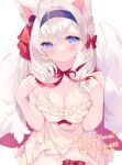  1girl animal_ear_fluff animal_ears bare_shoulders blue_eyes blush bow breasts cleavage commission dress fox_ears fox_girl fox_tail hair_between_eyes hair_bow hairband highres komomo_(2899) long_hair looking_at_viewer medium_breasts original parted_lips plushmallow_(lyn) red_bow red_ribbon ribbon signature simple_background sitting skeb_commission solo tail white_background white_hair 