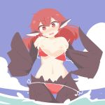  1girl animal_ears bare_shoulders big_o_pants bikini bird_ears bird_legs black_feathers black_wings blush breasts commentary_request feathers fio-chan_(big_o_pants) harpy highres large_breasts long_hair monster_girl navel nipples open_mouth original partially_submerged red_bikini red_eyes red_hair side-tie_bikini_bottom solo sweatdrop swimsuit wardrobe_malfunction winged_arms wings 