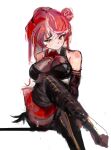  1girl absurdres black_footwear boots breasts closed_mouth crossed_legs heterochromia highres hololive houshou_marine large_breasts legs looking_at_viewer red_hair retrocreature simple_background sitting smile smirk solo thighs white_background 