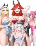  5girls :d ^_^ absurdres alternate_costume black_horns black_leotard blonde_hair blue_leotard breast_press breasts cleavage closed_eyes commentary_request dorothy_(nikke) elbow_gloves gloves goddess_(nikke) goddess_of_victory:_nikke grey_hair halo hands_on_another&#039;s_shoulders head-mounted_display highres horns kurone_rinka large_breasts leotard long_hair looking_at_another looking_at_viewer medium_breasts multiple_girls nun open_mouth pink_hair pink_leotard rapunzel_(nikke) red_eyes red_hair red_halo red_hood_(nikke) red_leotard red_pupils red_scarf revision scarf scarlet_(black_shadow)_(nikke) scarlet_(nikke) simple_background smile snow_white_(innocent_days)_(nikke) snow_white_(nikke) symmetrical_docking thighs white_background white_gloves white_leotard yellow_eyes 