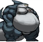  2023 anthro belly big_belly big_muscles chest_scar comerboy75 feet fish grey_body grin hi_res mackerel_shark male marine megalodon musclegut muscular muscular_anthro muscular_male nipples overweight overweight_anthro overweight_male pecs scar shark simple_background smile solo standing tail teeth vein veiny_muscles 