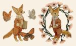  animal animal_focus ascot book bug butterfly buttons clothed_animal commentary_request flower fox highres holding holding_book jacket long_sleeves multiple_views no_humans open_clothes open_jacket orange_butterfly orange_jacket orange_pants original oversized_animal pants pink_flower shirt simple_background standing tono_(rt0no) white_ascot white_background white_butterfly white_shirt 