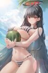  1girl absurdres bikini black_hair black_halo blue_archive blue_sky breasts closed_mouth cloud day food fruit ggz_(gguzal_95) hair_ornament hairclip halo highres holding_watermelon large_breasts long_hair looking_at_viewer navel outdoors red_eyes rio_(blue_archive) sky solo stomach striped_bikini striped_clothes sunlight swimsuit underboob very_long_hair watermelon 