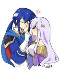  1boy 1girl bare_shoulders blue_cape blue_hair blush breasts brother_and_sister cape circlet closed_eyes fire_emblem fire_emblem:_genealogy_of_the_holy_war headband holding_another&#039;s_wrist implied_incest julia_(fire_emblem) kiss kissing_hand long_hair looking_at_another ponytail purple_cape purple_hair seliph_(fire_emblem) siblings simple_background white_headband wide_sleeves yukia_(firstaid0) 