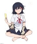  1girl absurdres barefoot black_hair collared_shirt dated food highres holding holding_food holding_own_foot holding_popsicle indian_style kill_la_kill matoi_ryuuko multicolored_hair popsicle red_hair school_uniform shirt short_hair sitting small_sweatdrop solo sun_symbol sweat takatisakana two-tone_hair white_shirt 