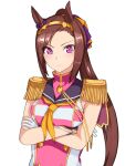  1girl animal_ears brown_hair buttons crossed_arms double-breasted epaulettes flower_in_eye gloves gold_hairband hair_ribbon hairband highres horse_ears horse_girl long_hair looking_at_viewer neckerchief ponytail purple_eyes ribbon sakura_bakushin_o_(umamusume) simple_background solo symbol_in_eye umamusume upper_body white_background white_gloves yellow_neckerchief yuubokumin 
