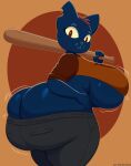 2024 absurd_res anthro baseball_bat bat_(object) big_breasts big_butt breasts bulging_breasts bulging_butt butt butt_cleavage deep_skin domestic_cat felid feline felis female hi_res huge_breasts huge_butt huge_thighs hyper hyper_butt looking_at_viewer mae_borowski mammal night_in_the_woods short_stack simple_background solo thick_thighs tomboy ultrastax under_boob undersized_clothing